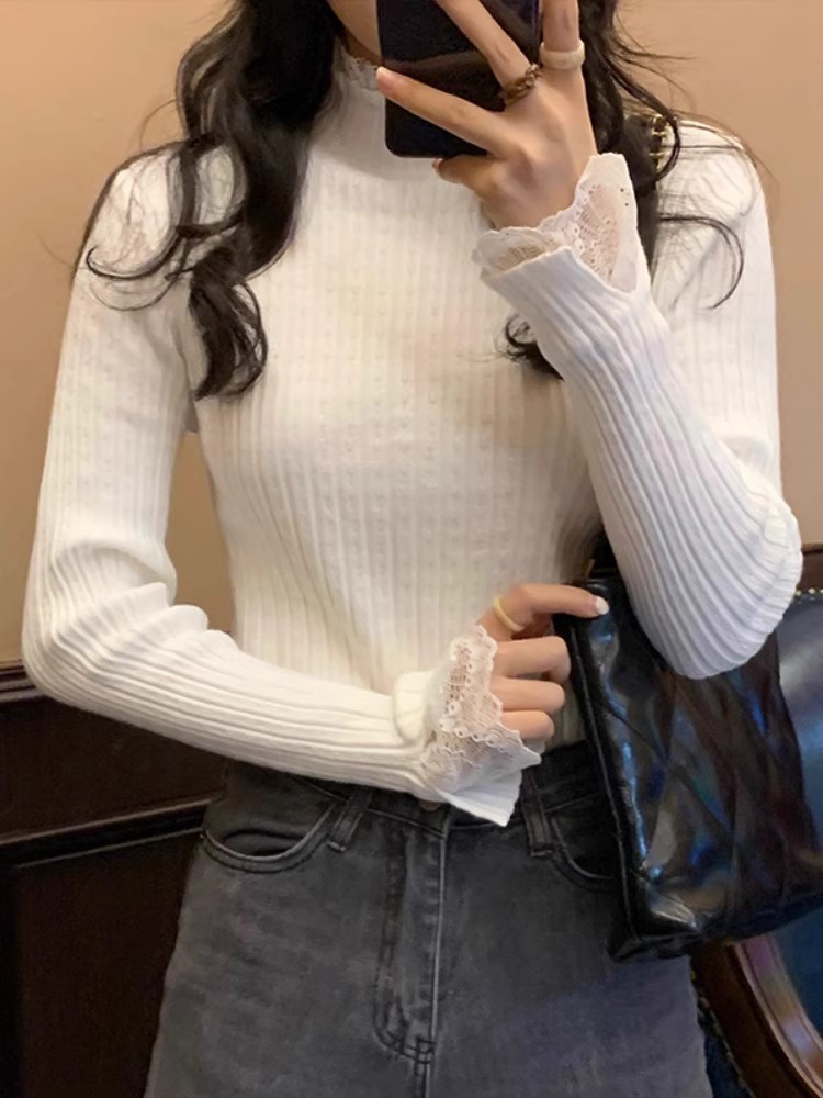 Lace Base Shirt Women's Western Style Inner Half-High Neck Slim-Fit Sweater Autumn and Winter Design Sense Mid-Collar Sweater Top Trendy - Image 3