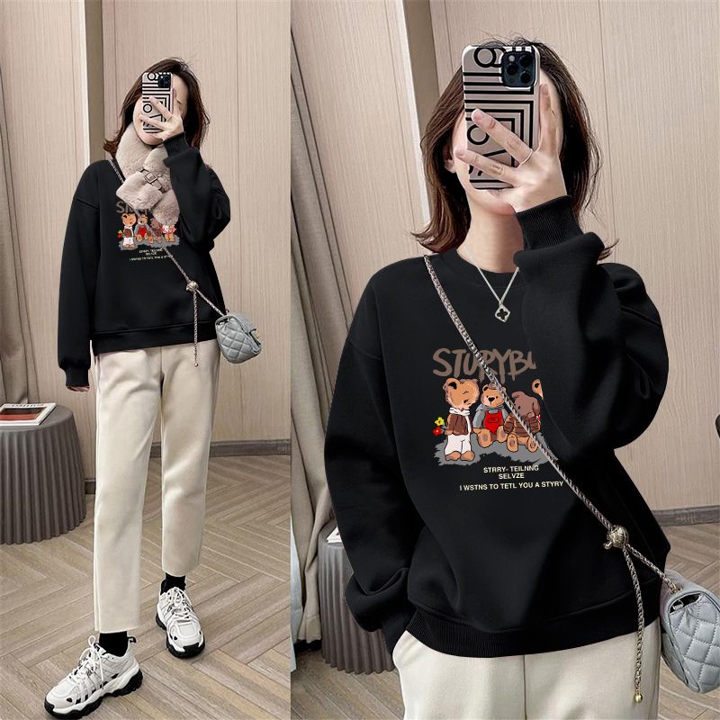New Round-Neck Sweatshirt for Women, Popular in Spring and Autumn, Loose Fit for Petite Figures, Drop Shoulder, Pullover, Fleece-Lined and Thickened, Couple's Top - Image 4