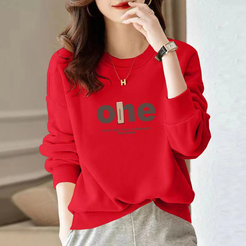 high quality Chinese Cotton Round Neck fleece-lined Thickened Sweatshirt Women's Autumn and Winter Letter Printing Simple Loose Couple's Top Jacket - Image 3