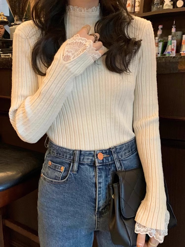 Lace Base Shirt Women's Western Style Inner Half-High Neck Slim-Fit Sweater Autumn and Winter Design Sense Mid-Collar Sweater Top Trendy - Image 2