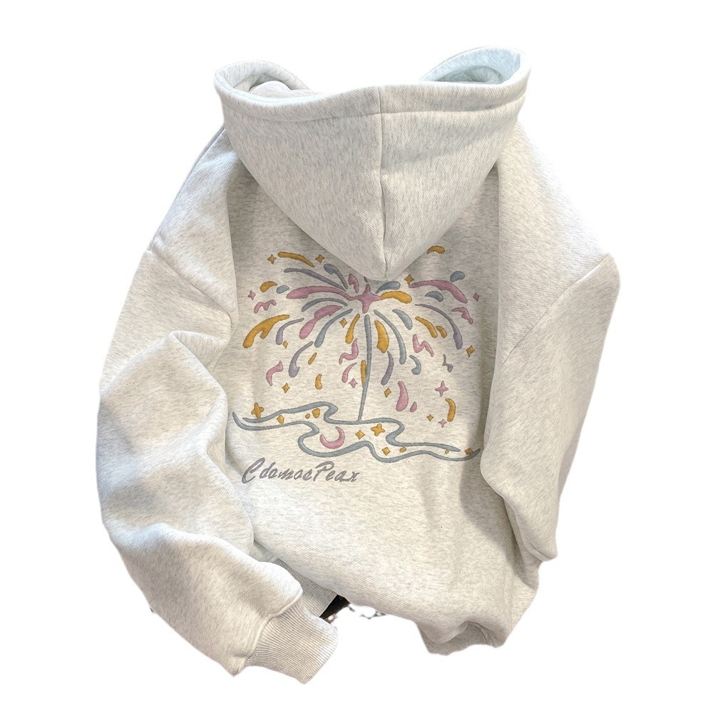 American Style Fashion Brand oversize New Year Fireworks Sweater Women's fleece-lined Thickened Winter Lazy Style Couple Hooded Jacket - Image 5