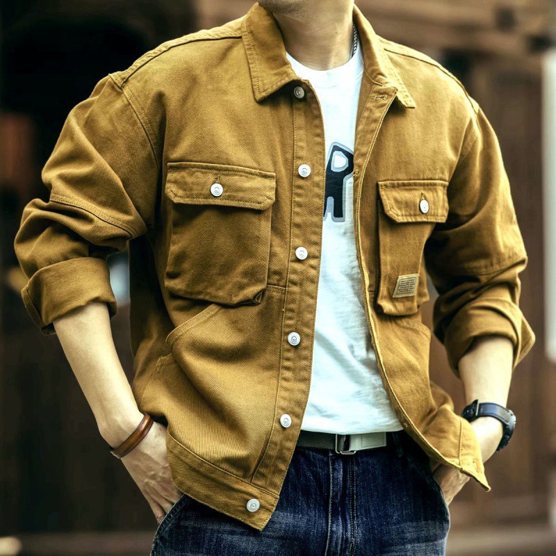 High-end Sense Workwear Jacket Men's Spring and Autumn Fashioning Brand Loose American Style Retro Lapel Jacket Casual Ripper Handsome Denim Jacket - Image 3