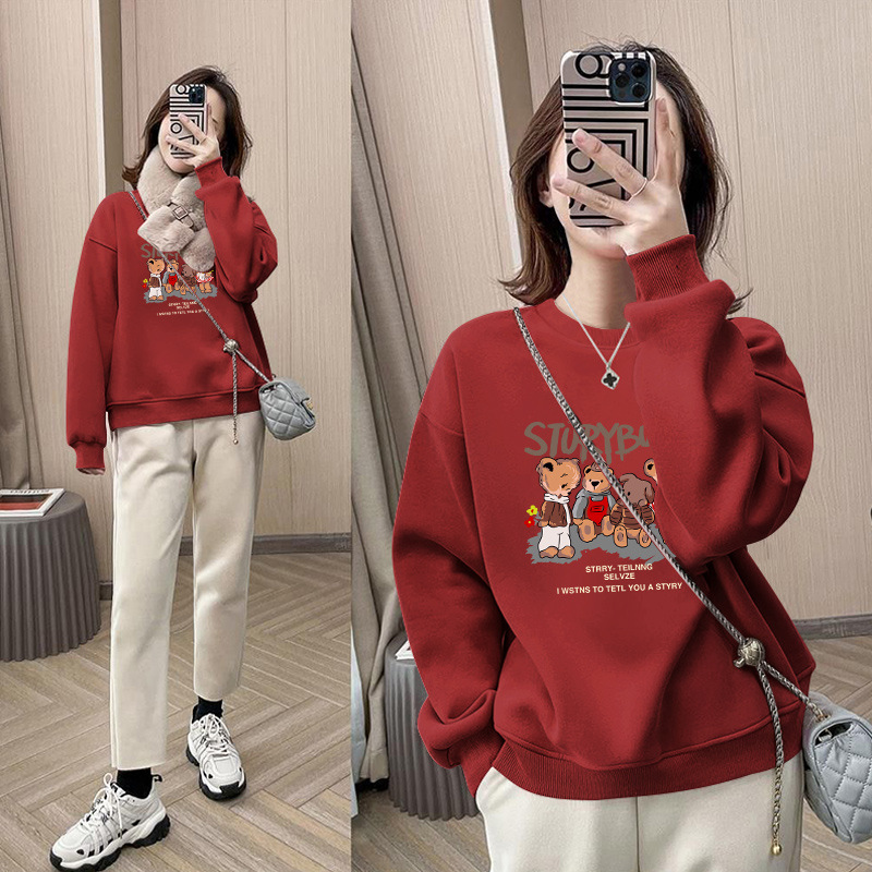 New Round-Neck Sweatshirt for Women, Popular in Spring and Autumn, Loose Fit for Petite Figures, Drop Shoulder, Pullover, Fleece-Lined and Thickened, Couple's Top - Image 2