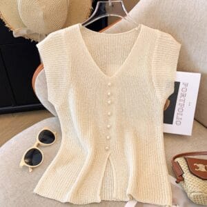 French Style V-Neck Short-Sleeved Women T-Shirt