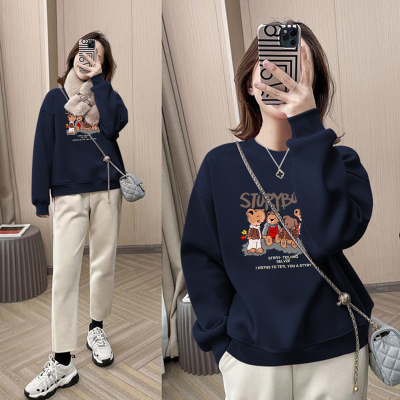 New Round-Neck Sweatshirt for Women, Popular in Spring and Autumn, Loose Fit for Petite Figures, Drop Shoulder, Pullover, Fleece-Lined and Thickened, Couple's Top - Image 3